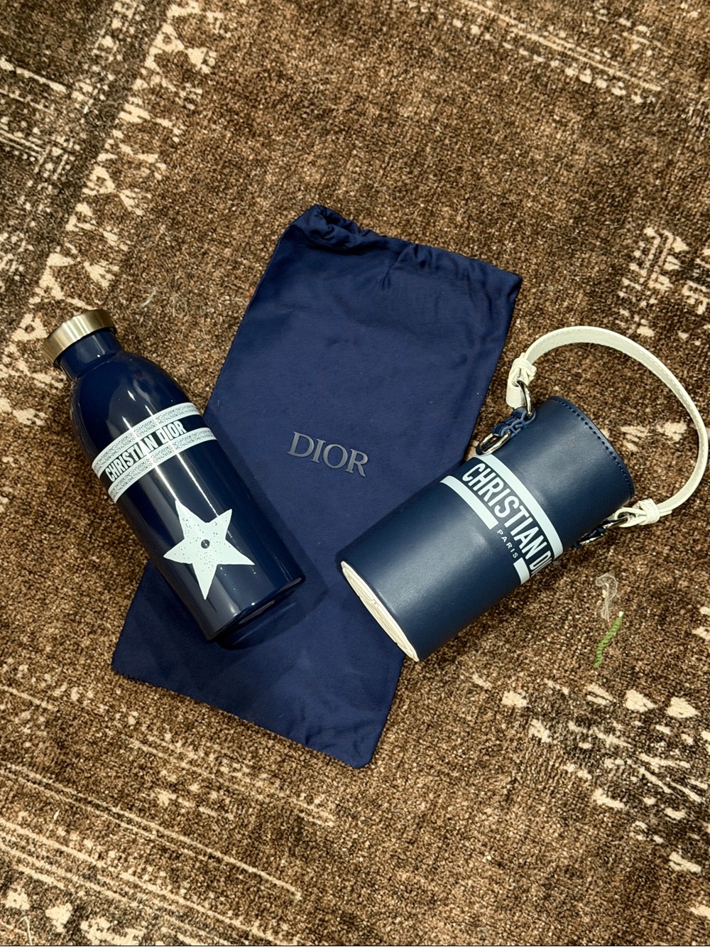 GWP-Dior Navy Blue Bottle Carrier Matching Water Bottle w/Long Crossbody Strap